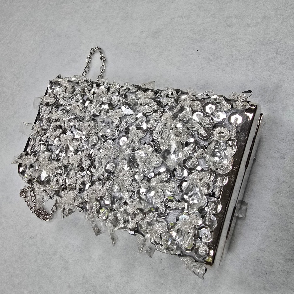 Silver Sequin Crystal Embellished Box Clutch Crossbody Bag Chain Strap Handbag - Picture 8 of 16